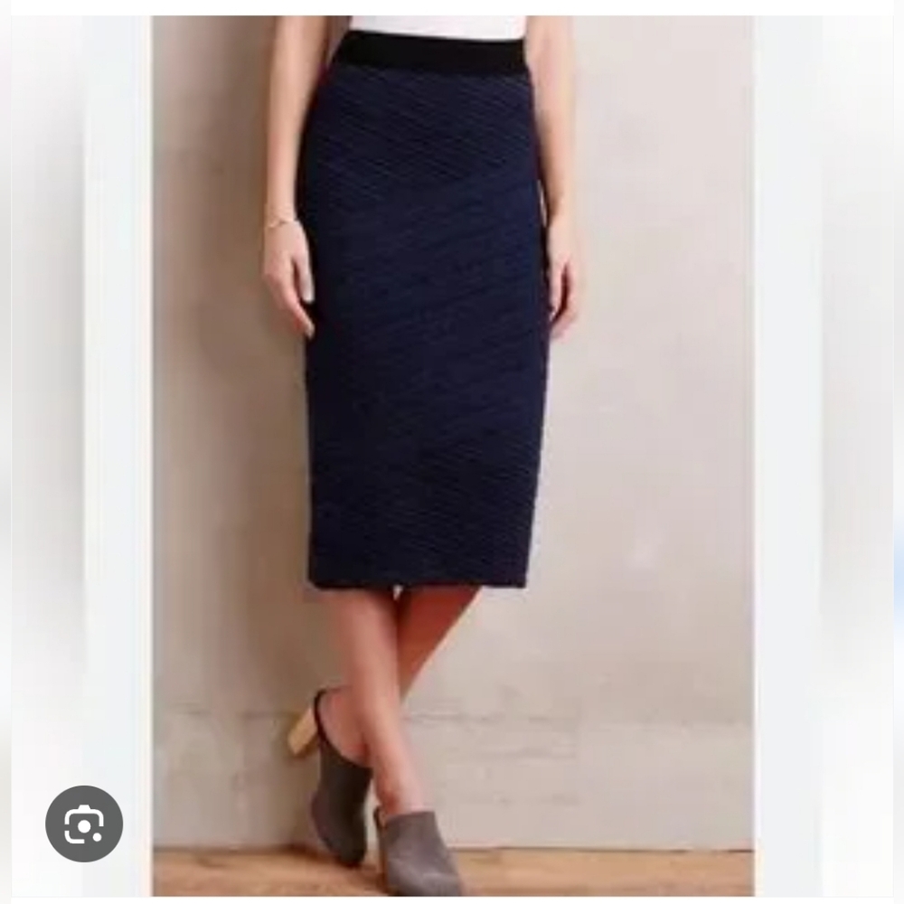 Anthropologie Moth Adela Woven Ribbed Navy Pencil Midi Skirt Mixed Weave Small